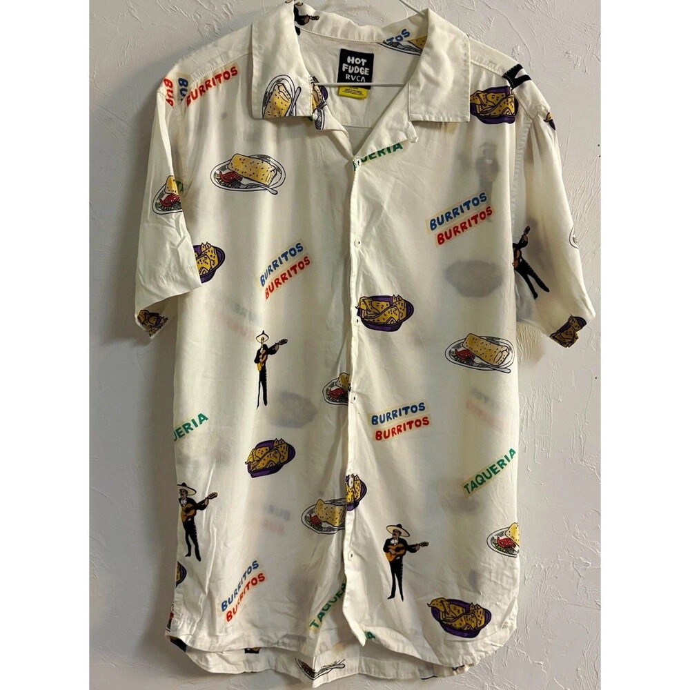 RVCA Men's L White Multicolor Burritos Taqueria Print Short Sleeve Button-Up